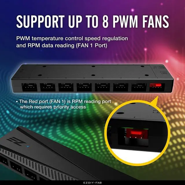 Alt view image 2 of 5 - EZDIY-FAB ARGB PWM Fan Hub for PC Case Fan, 8 PWM Ports+8 ARGB Ports, 12V RGB/ 5V ARGB Motherboard Sync, PWM Functional Fan Adapter, Two Lighting Systems, Easy Cable Management.