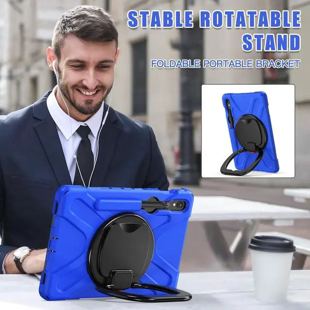 Alt view image 2 of 5 - PboyiqiS Heavy Duty Case for Galaxy Tab S10 Ultra 2024/S9 Ultra 2023/S8 Ultra 2022, Hybrid Rugged Case with S Pen Holder, Shockproof Kids Case with 360 Rotating Stand/Shoulder Strap (Blue)