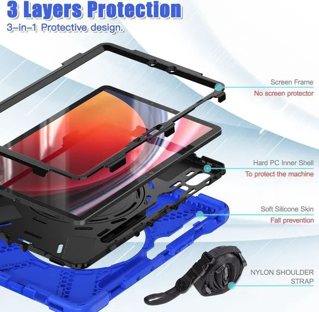 Alt view image 5 of 5 - PboyiqiS Heavy Duty Case for Galaxy Tab S10 Ultra 2024/S9 Ultra 2023/S8 Ultra 2022, Hybrid Rugged Case with S Pen Holder, Shockproof Kids Case with 360 Rotating Stand/Shoulder Strap (Blue)