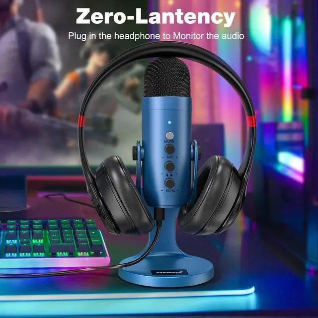 Alt view image 4 of 5 - ZealSound USB Microphone,Condenser Gaming Mic for Phone/Laptop/PC/PS4/5/Computer,Microphone with Gain Knob,LED Mute,Monitor Volume Adjustment,Stand Base for Streaming, Podcast, Studio Recording (Blue)