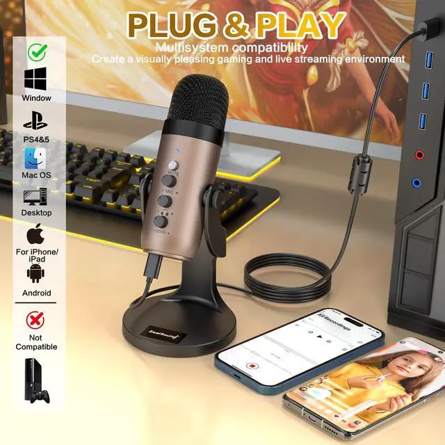 Alt view image 2 of 5 - ZealSound USB Microphone,Condenser Computer PC Mic,Plug&Play Gaming Microphones for PS 4&5.Headphone Output&Volume Control,Mic Gain Control,Mute Button for Vocal,YouTube Podcast on Mac&Windows(Gold)