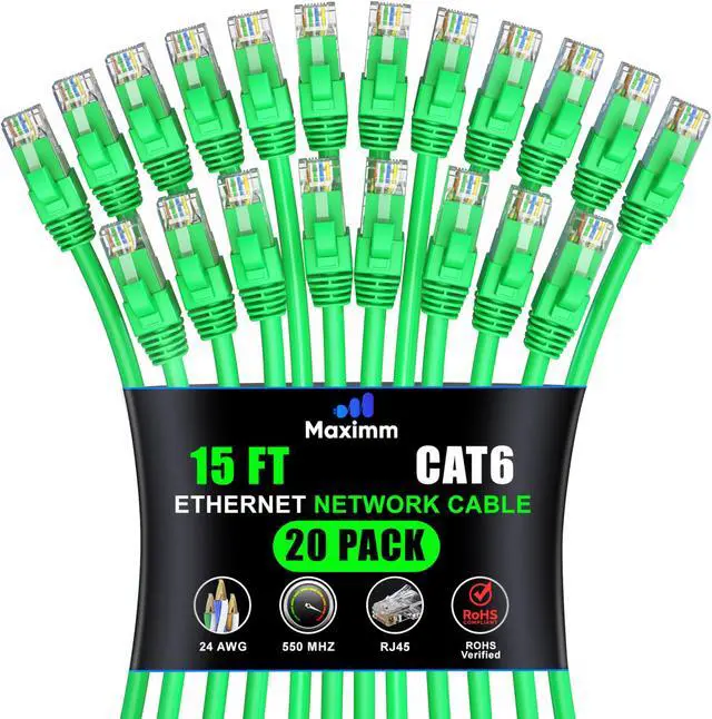Main image of Maximm Cat 6 Ethernet Cable 15 ft (20-Pack) - High-Speed LAN Cable, Internet Cable, Patch Cable, and Network Cable - UTP, 10Gbps, 550MHz Ethernet Cord - Green