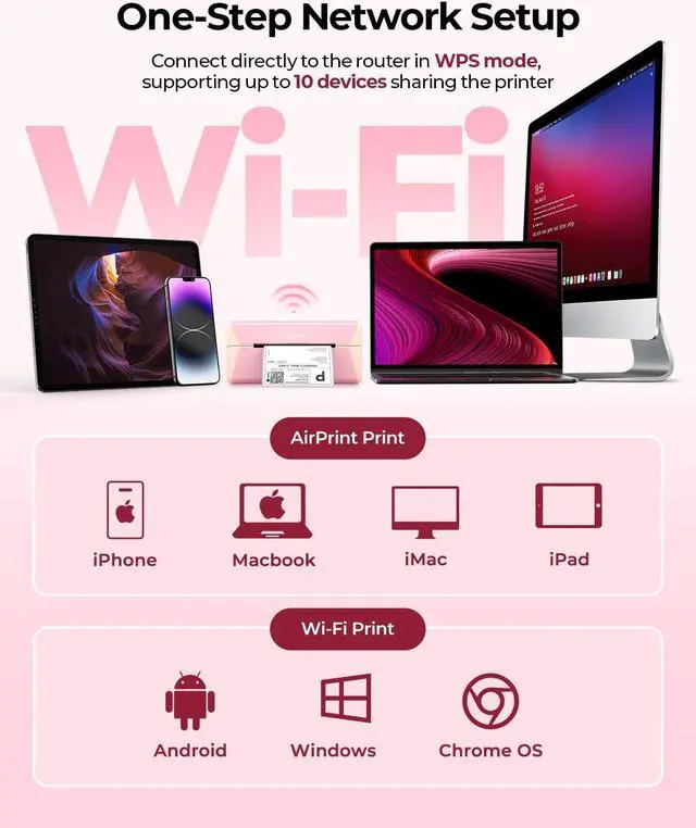 Alt view image 2 of 5 - MUNBYN Pink Wireless Label Printer 300DPI, RW401AP Wi-Fi Thermal Printer, AirPrint Connectivity Driver-Free Compatible with iPhone, iPad, Mac, Work with 4x6 Shipping Labels for Windows, Android
