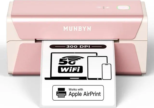 Main image of MUNBYN Pink Wireless Label Printer 300DPI, RW401AP Wi-Fi Thermal Printer, AirPrint Connectivity Driver-Free Compatible with iPhone, iPad, Mac, Work with 4x6 Shipping Labels for Windows, Android