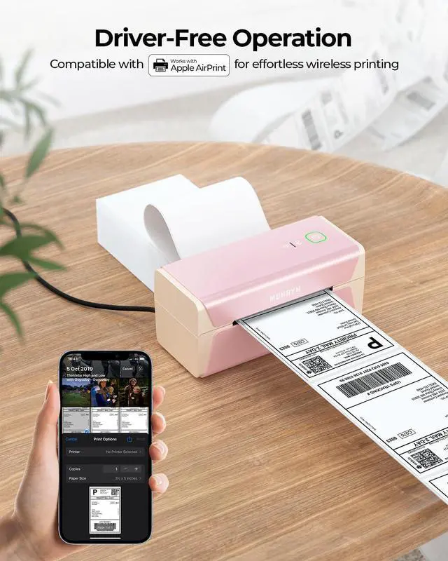 Alt view image 3 of 5 - MUNBYN Pink Wireless Label Printer 300DPI, RW401AP Wi-Fi Thermal Printer, AirPrint Connectivity Driver-Free Compatible with iPhone, iPad, Mac, Work with 4x6 Shipping Labels for Windows, Android