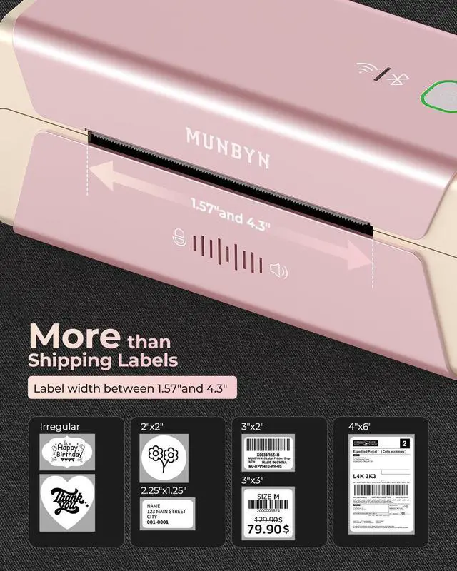 Alt view image 5 of 5 - MUNBYN Pink Wireless Label Printer 300DPI, RW401AP Wi-Fi Thermal Printer, AirPrint Connectivity Driver-Free Compatible with iPhone, iPad, Mac, Work with 4x6 Shipping Labels for Windows, Android