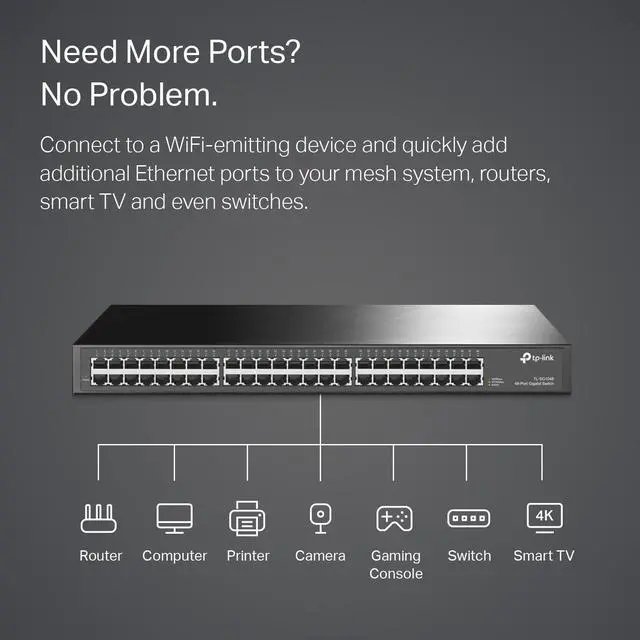 Alt view image 2 of 5 - TP-Link 48 Port Gigabit Ethernet Switch | Plug and Play | Sturdy Metal w/ Shielded Ports | Rackmount | Fanless | Traffic Optimization | Unmanaged (TL-SG1048) , Black