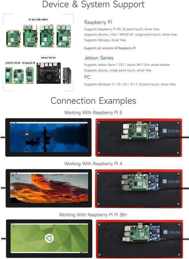 Alt view image 4 of 5 - Waveshare 12.3inch Capacitive Touch Screen LCD Compatible with Raspberry Pi 5/4B/3B+/3B/2B/B+/A+/Zero/Zero W/WH/Zero 2W Series Boards 600 Cd/M²1920×720 HDMI IPS Toughened Glass Panel