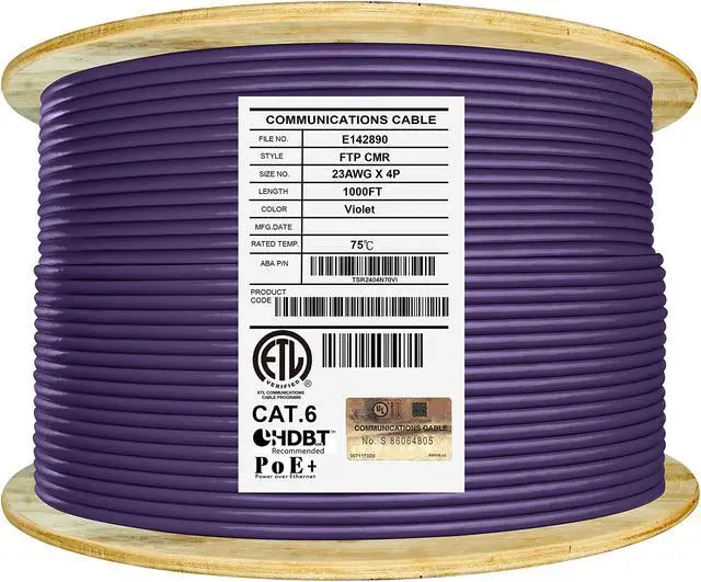 Main image of Elite Cat6 Shielded Riser (CMR), 1000ft, F/UTP 23AWG, Solid Bare Copper, 550MHz, UL Certified, UL-LP Certification, Bulk Ethernet Cable Reel, Violet