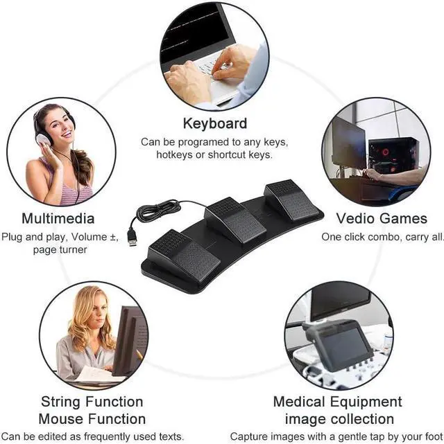 Alt view image 3 of 5 - PCsensor Foot Pedal PC Triple Foot Switch Programmable Keyboard Customized Hotkey Video Game Office Equipment Control HID