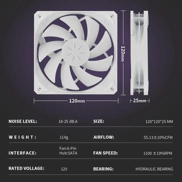 Alt view image 5 of 5 - upHere 120mm White ARGB Computer Case Fans (6 Pack), Motherboard Sync, High Airflow, Speed Adjustable, Low Noise Hydraulic Bearing, Up to 40,000 Hours Life, NT1206-6