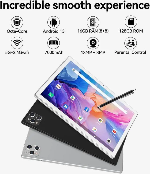 Alt view image 2 of 5 - ANTEMPER Tablet, 10 Inch Android Tablet with 128GB ROM, 16GB RAM(Up to 2 TB), Octa-Core Processor, 5G WiFi Tableta, with Keyboard Mouse Case, 13MP+8MP Camera, IPS Touchscreen 8H Battery, Silver