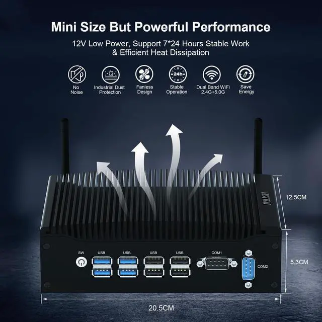 Alt view image 4 of 5 - HISTTON Industrial Mini PC, Fanless Mini PC, Dual Core i5-8265U, DDR4 8GB RAM 256GB SSD, 2 LAN, WiFi, BT4.2, Mini Desktop PC 2 RS232 COM, Dual HD, USB3.0, Mini Computer Windows 11 Pro/Linux