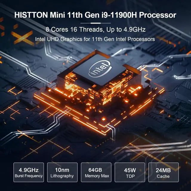 Alt view image 2 of 5 - HISTTON Mini PC Windows 11 Pro, Core i9-11900H(8 Cores 16 Threads, Up to 4.9GHz) 64GB DDR4 1TB NVME SSD Wi-Fi 5/BT4.2/4K Triple Display DP/HD/Type-C Mini Desktop Computer Small PC for Business Home
