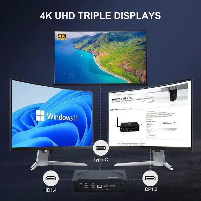 Alt view image 4 of 5 - HISTTON Mini PC Windows 11 Pro, Core i9-11900H(8 Cores 16 Threads, Up to 4.9GHz) 64GB DDR4 1TB NVME SSD Wi-Fi 5/BT4.2/4K Triple Display DP/HD/Type-C Mini Desktop Computer Small PC for Business Home