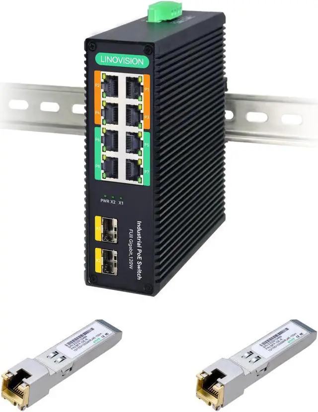 Main image of LINOVISION Industrial 8-Port Full Gigabit POE++ Switch and 1.25G SFP to RJ45 Copper Gigabit Ethernet Transceiver