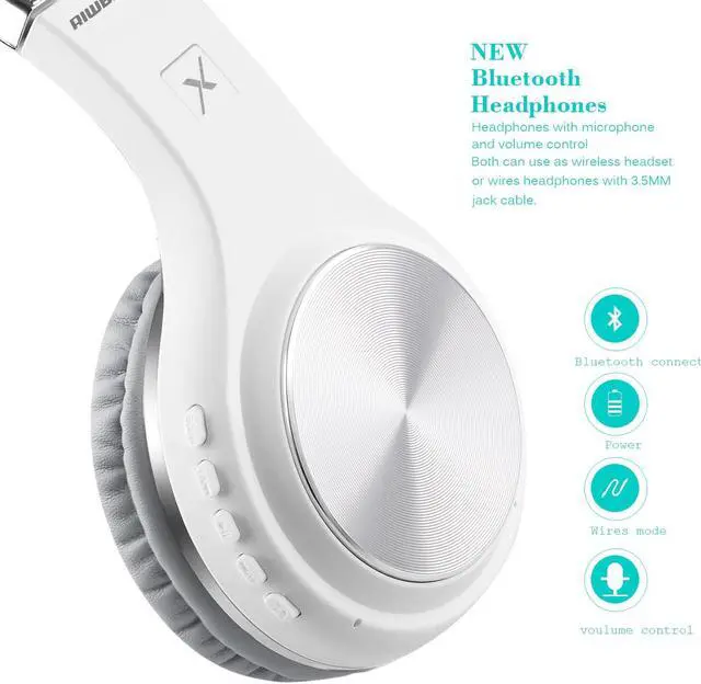 Alt view image 4 of 5 - Riwbox Bluetooth Headphones, XBT-80 Folding Stereo Wireless Bluetooth Headphones Over Ear with Microphone and Volume Control, Wireless and Wired Headset for PC/Cell Phones/TV/iPad (Silver White)