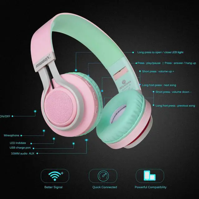 Alt view image 3 of 5 - Riwbox WT-7S Bluetooth Headphones Light Up, Foldable Stero Wireless Headset with Microphone and Volume Control for PC/Tablet/TV/Travel (Pink Green)