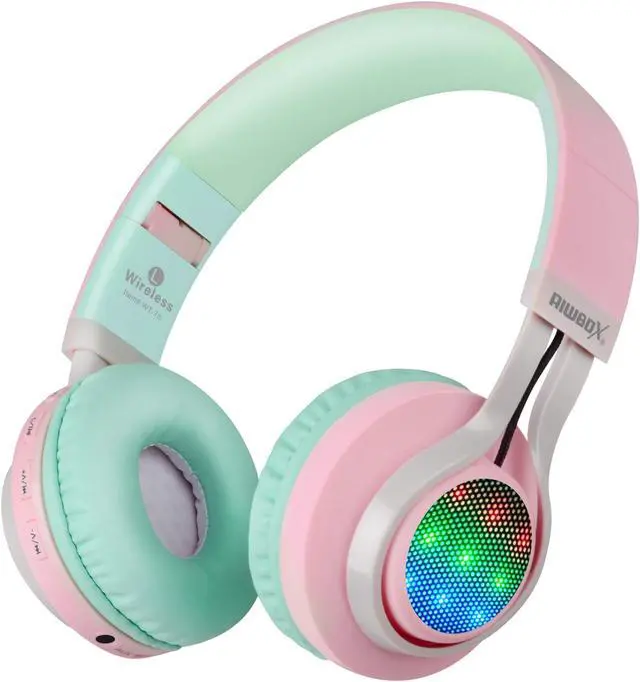Alt view image 2 of 5 - Riwbox WT-7S Bluetooth Headphones Light Up, Foldable Stero Wireless Headset with Microphone and Volume Control for PC/Tablet/TV/Travel (Pink Green)