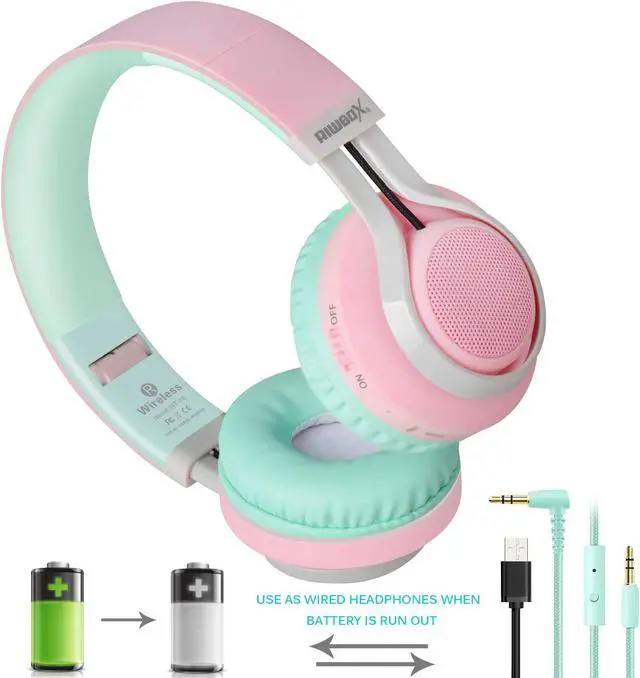 Alt view image 4 of 5 - Riwbox WT-7S Bluetooth Headphones Light Up, Foldable Stero Wireless Headset with Microphone and Volume Control for PC/Tablet/TV/Travel (Pink Green)