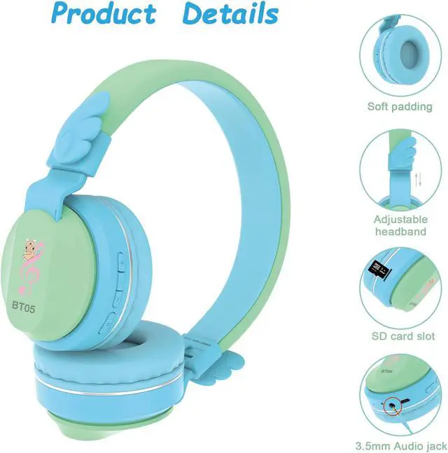 Alt view image 3 of 5 - Riwbox BT05 Bluetooth Kids Headphones Wireless Foldable Headset Over Ear with Volume Limited and Mic/TF Card Compatible for iPad/iPhone/Tablet (Green&Blue)