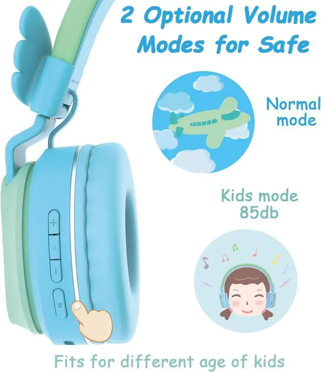 Alt view image 4 of 5 - Riwbox BT05 Bluetooth Kids Headphones Wireless Foldable Headset Over Ear with Volume Limited and Mic/TF Card Compatible for iPad/iPhone/Tablet (Green&Blue)