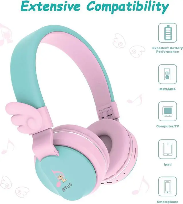Alt view image 3 of 5 - Riwbox BT05 Bluetooth Kids Headphones Wireless Foldable Headset Over Ear with Volume Limited and Mic/TF Card Compatible for iPad/iPhone/Tablet (Pink&Green)