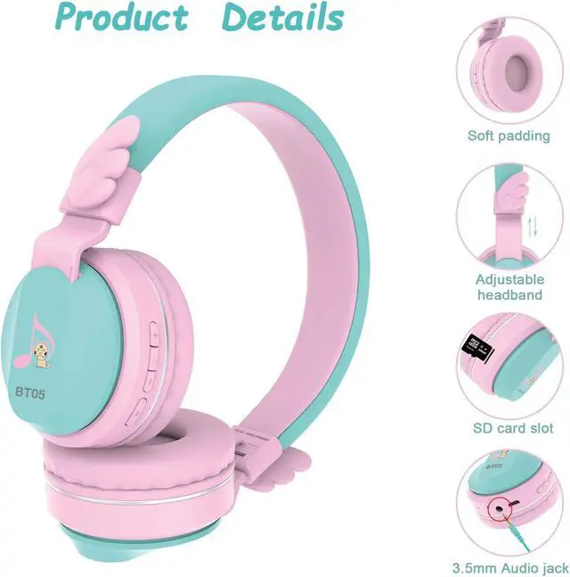 Alt view image 5 of 5 - Riwbox BT05 Bluetooth Kids Headphones Wireless Foldable Headset Over Ear with Volume Limited and Mic/TF Card Compatible for iPad/iPhone/Tablet (Pink&Green)