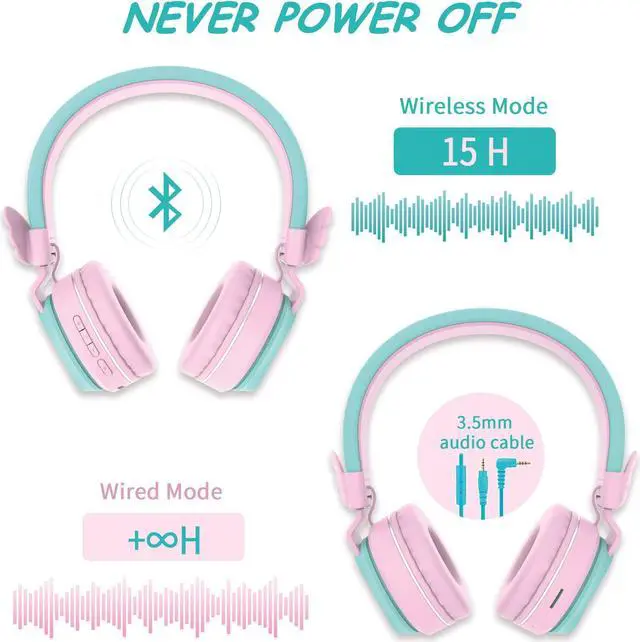 Alt view image 4 of 5 - Riwbox BT05 Bluetooth Kids Headphones Wireless Foldable Headset Over Ear with Volume Limited and Mic/TF Card Compatible for iPad/iPhone/Tablet (Pink&Green)