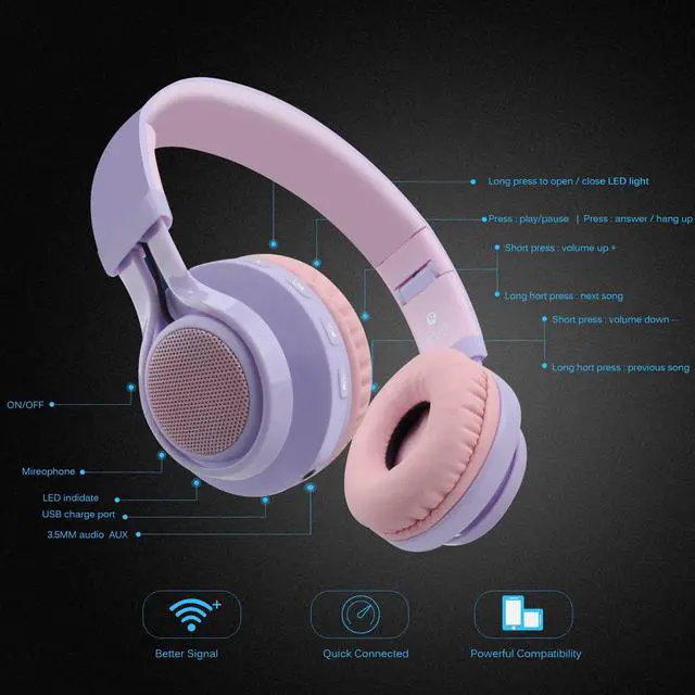 Alt view image 3 of 5 - Riwbox WT-7S Kids Bluetooth Headphones Light Up, Foldable Stero Wireless Headset with Microphone and Volume Control for PC/Tablet/TV/Travel (Purple)
