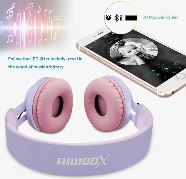 Alt view image 5 of 5 - Riwbox WT-7S Kids Bluetooth Headphones Light Up, Foldable Stero Wireless Headset with Microphone and Volume Control for PC/Tablet/TV/Travel (Purple)