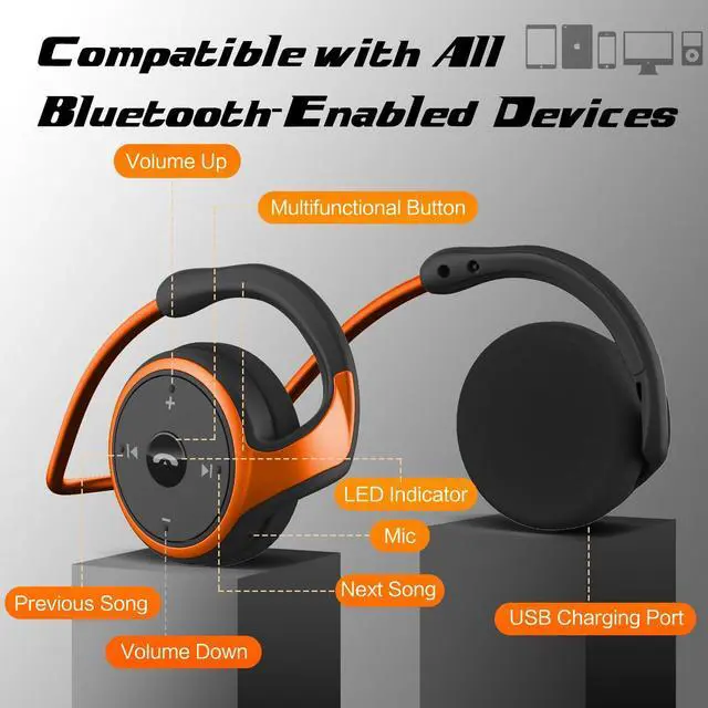Alt view image 2 of 5 - RTUSIA Small Bluetooth Headphones Wrap Around Head - Sports Wireless Headset with Built in Microphone and Crystal-Clear Sound, Foldable and Carried in The Purse, and 12-Hour Battery Life (Orange)