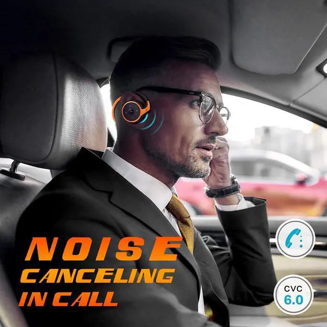 Alt view image 5 of 5 - RTUSIA Small Bluetooth Headphones Wrap Around Head - Sports Wireless Headset with Built in Microphone and Crystal-Clear Sound, Foldable and Carried in The Purse, and 12-Hour Battery Life (Orange)