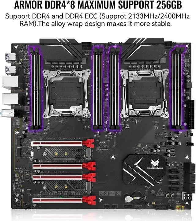 Alt view image 3 of 5 - SHANGZHAOYUAN X99 Dual CPU Motherboard LGA 2011-3 Server Motherboard for Intel i7 5th/6th Gen Xeon E5 V3/V4 Series (E-ATX, 8*DDR4 ECC Max 256G, 2*NVME M.2, 2*Gb LAN, SATA 3.0, PCIe 3.0)