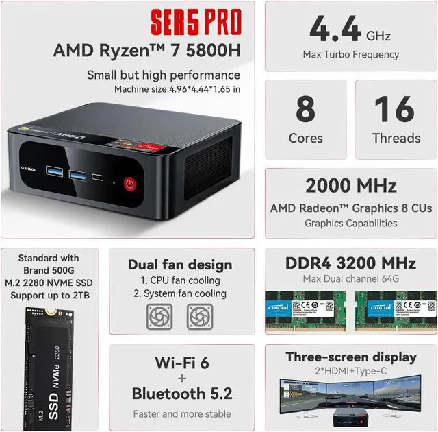 ミニPC Beelink Mini PC AMD Ryzen 7 5800H Beelink Mini PC, AMD Ryzen 7 5800H(8C/16T, up to 4.4GHz