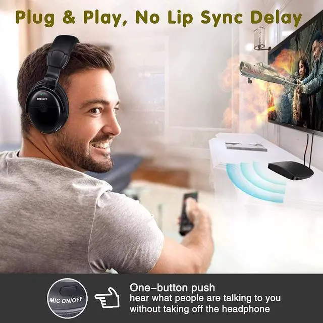 Alt view image 4 of 5 - SIMOLIO 2.4GHz Wireless Headphones for TV with Spare Battery, Optical, RCA and AUX Audio Output Supported
