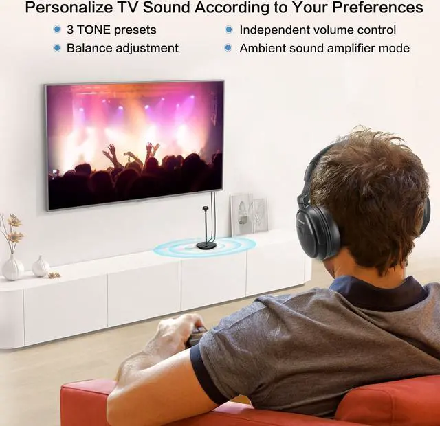 Alt view image 5 of 5 - SIMOLIO Wireless Headphones for TV with Clear Dialog Mode, Boosted Volume & Spare Battery for Seniors, Comfortable TV Watching w/L/R Balance, by-Pass, Charging/Transmitter Stand 2-in-1, No Pairing