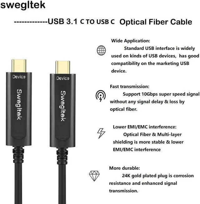 Alt view image 2 of 5 - swegltek 10Gbps Fiber USB C Cable 98ft, Active Optical Type C 3.1 to C Cable, Compatible with Industrial Camera,Machine Vision,Medical Security.Broad Casting.Printer,Scanner,Touch Screen