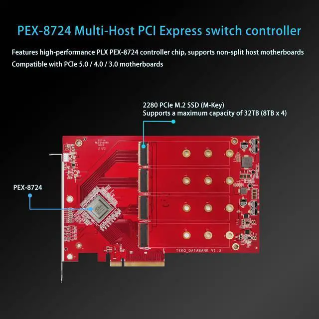 Alt view image 3 of 5 - TEKQ Databank M4 Support 4 Port M.2 SSD Expension Card PCIe 3.0 x 16 PCIe Adapter Card, Up to 32TB RAID Controller Card Broadcom PEX-8724, Support Non-Bifurcation Motherboard, with Active Cooling Fan