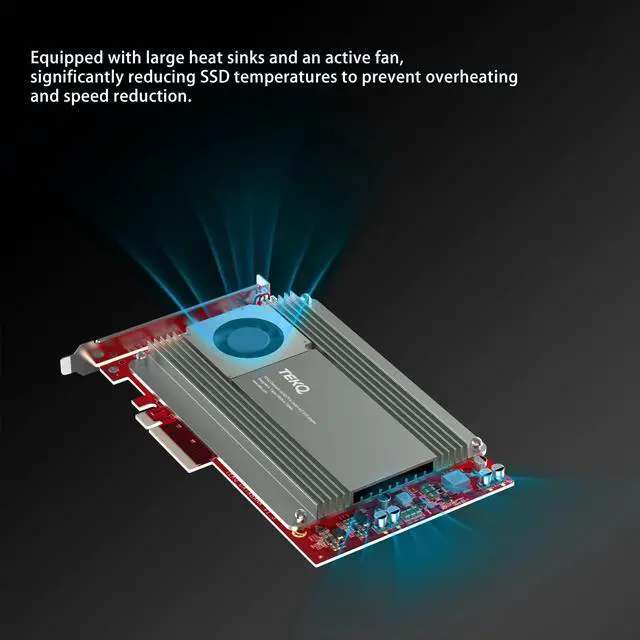 Alt view image 4 of 5 - TEKQ Databank M4 Support 4 Port M.2 SSD Expension Card PCIe 3.0 x 16 PCIe Adapter Card, Up to 32TB RAID Controller Card Broadcom PEX-8724, Support Non-Bifurcation Motherboard, with Active Cooling Fan
