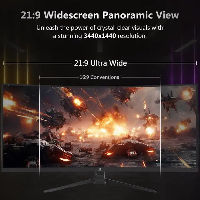 Alt view image 3 of 5 - Z-Edge 34" Curved Gaming Monitor, WQHD 1440P 165Hz 144Hz PC Monitor, MPRT 1ms, 21:9 Aspect Ratio, 1500R, 16.7M Colors, 3000:1 Contrast, UG34 Frameless Bezel, 2X DP 1.4 Ports and 2X HDMI 2.0 Port