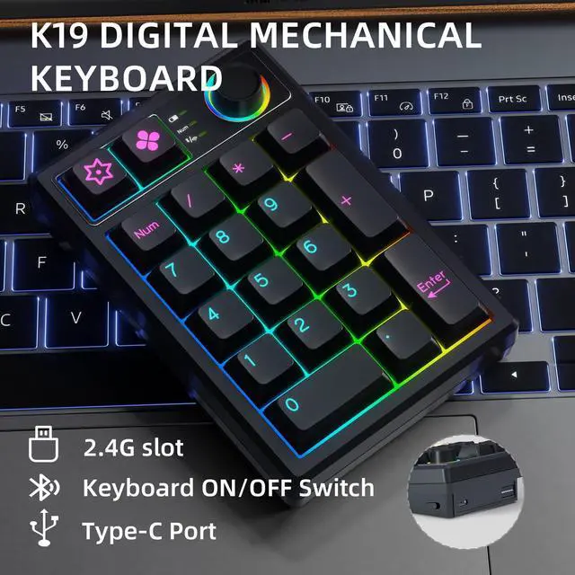 Alt view image 2 of 5 - KEYCOOL K19 Wireless Numeric Keyboard, Mechanical Number Keypad Hot-swappable Bluetooth Numpad 5.0/2.4GHz, RGB Multi-Function Knob Numerical Keyboard for Laptop Mac Win iOS Android