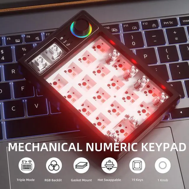 Alt view image 5 of 5 - KEYCOOL K19 Wireless Numeric Keyboard, Mechanical Number Keypad Hot-swappable Bluetooth Numpad 5.0/2.4GHz, RGB Multi-Function Knob Numerical Keyboard for Laptop Mac Win iOS Android