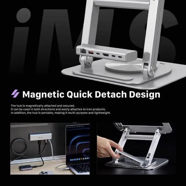 Alt view image 3 of 5 - ADAM elements USB-C Stand Ultra/Laptop Docking Station  CASA Hub Stand Ultra USB-C Magnetic 6in1 Hub Stand for All MacBook, iPad & USB-C Laptop - USB-C Host, USB-C PD, USB-C, USB-A, HDMI, RJ45