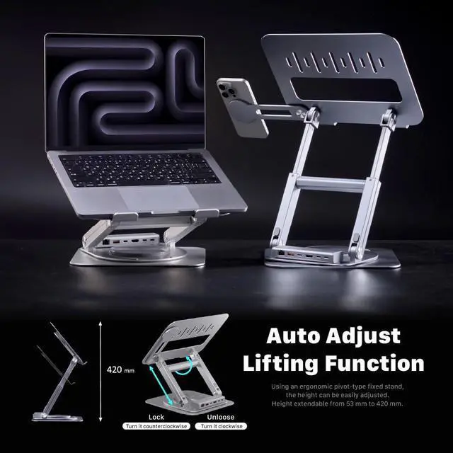 Alt view image 4 of 5 - ADAM elements USB-C Stand Ultra/Laptop Docking Station  CASA Hub Stand Ultra USB-C Magnetic 6in1 Hub Stand for All MacBook, iPad & USB-C Laptop - USB-C Host, USB-C PD, USB-C, USB-A, HDMI, RJ45