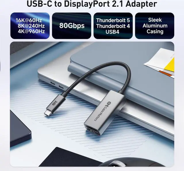 Alt view image 2 of 5 - Cable Matters 80Gbps USB C to DisplayPort 2.1 Adapter, 16K@60hz, 8K@240hz, 4K@960Hz and HDR Support - Thunderbolt 5/4, USB4 Compatible with VR Headset, MacBook Pro, iPad Pro, XPS, Surface Pro