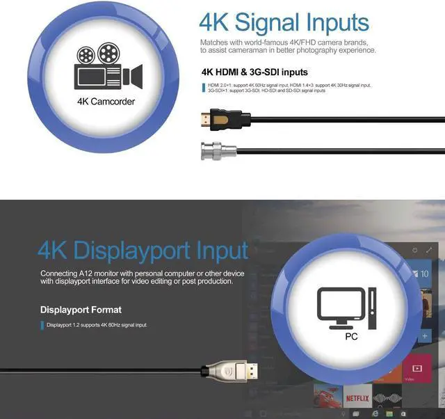 Alt view image 5 of 5 - Lilliput A12 Monitor DSLR Camera 12.5 4K HDMI 3G-SDI 3840X2160 Monitor for Sony FS5 FS7 F5 F55 RED Scarlet-W Weapon Raven Epic-W ARRI Alexa Mini Canon C200 C300 II DJI Ronin