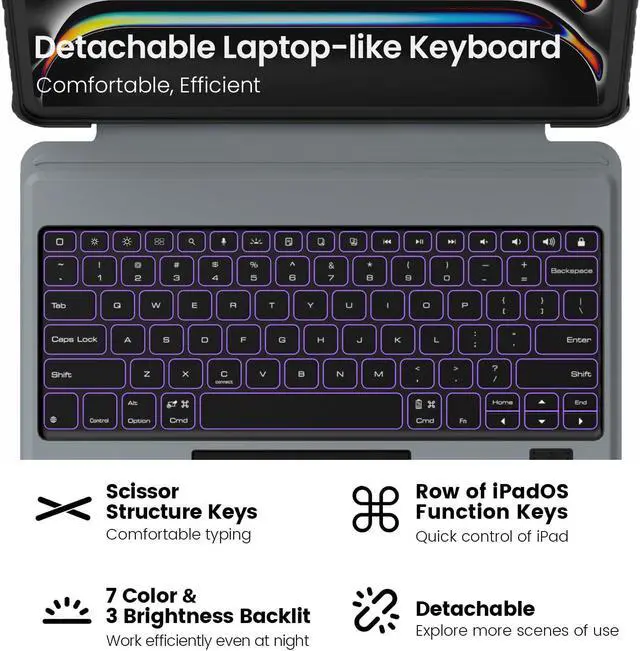 Alt view image 4 of 5 - Nillkin iPad Pro 13 inch (M4) Case with Detachable Keyboard, Magic Trackpad, 7 Colors Backlit, Rugged Keyboard Case with Camera Cover for iPad Pro 13 2024, Black