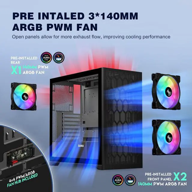 Alt view image 5 of 5 - SAMA V Mesh Mid Tower PC Case - High Airflow PC Gaming Case Mesh Front Panel & Tempered Glass Side Panel, 3x140mm ARGB PWM Fans Pre-Installed, Supports ATX/M-ATX/ITX - Black
