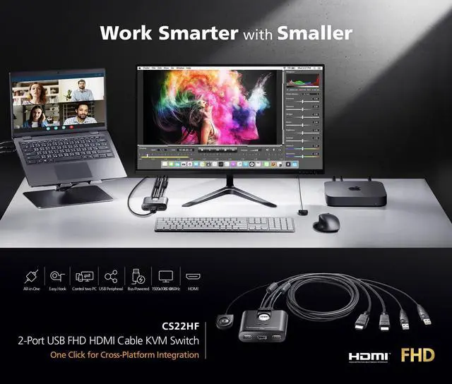 Alt view image 3 of 5 - ATEN CS22HF 2-Port USB HDMI KVM Switch with Remote  2 PCs to 1 Monitor, 1080p 1920 x 1200 60Hz, Integrated 1.2m Cables, Hotkey & Remote Switching, Plug & Play, Compatible with Windows, macOS, Linux